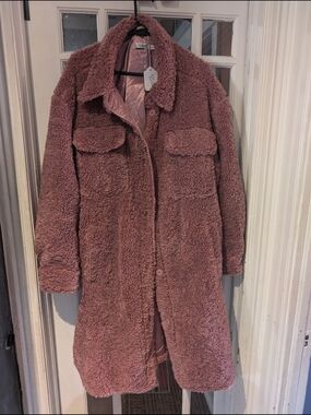 Ricki's Teddy Bear Faux-Shearling Long Coat in Dusty Rose